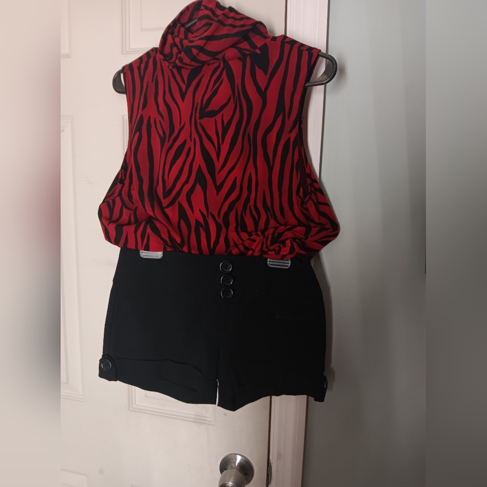 No sleeve turtle neck stretchy shirt and stretchy shorts